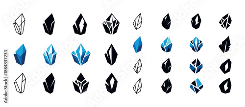 Abstract geometric crystal designs in black and blue variations