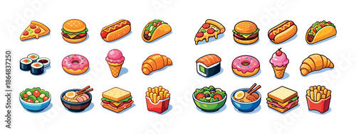 Colorful assortment of fast food and snacks: pizza, burger, sushi, ice cream, taco, salad