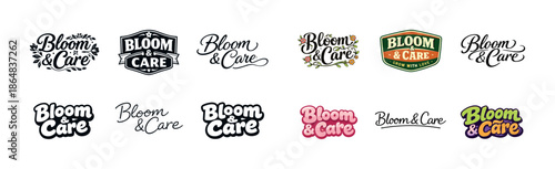 Diverse "bloom & care" logo designs with floral and creative typography