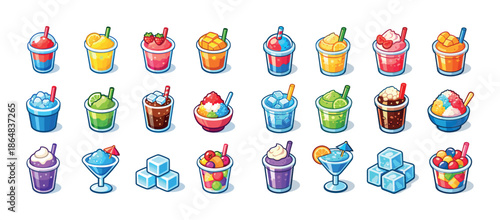 Assorted colorful beverages with ice cubes and fruit in cups and glasses