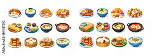 Diverse international breakfast dishes collection with eggs, pancakes, dumplings, and more