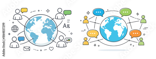 Global communication network concept with diverse people and speech bubbles