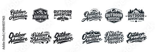 Outdoor adventure badges and logos collection featuring nature elements and bold typography