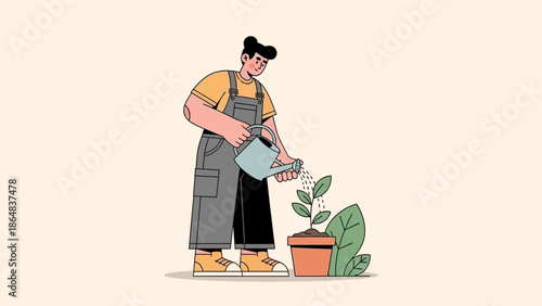 Young woman watering houseplant in casual outfit with gardening tools