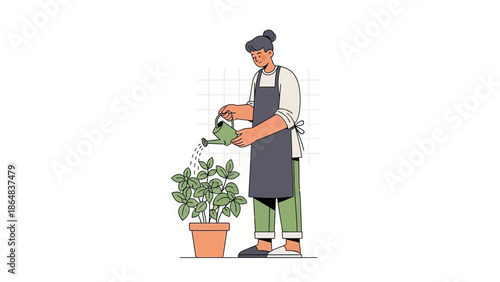 Casual young woman watering a potted plant in a minimalistic garden scene