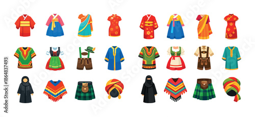 Traditional world costumes collection: cultural dresses and attire from various regions
