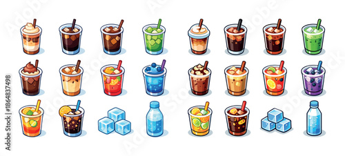 Colorful assortment of bubble tea and refreshing drinks with ice cubes