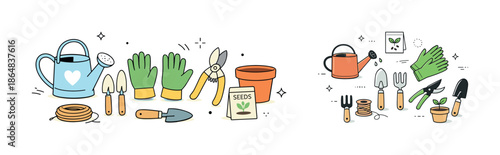 Gardening tools and essentials collection with watering cans and seed packets