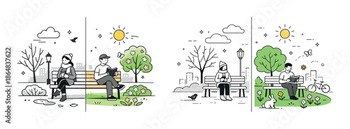 Young male and female reading on park benches in seasonal changes