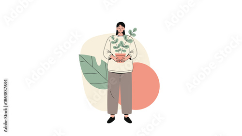 Illustration of a woman holding a potted plant with large leaves and minimalist background elements