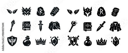 Fantasy rpg icons set: weapons, armor, shields, crowns, and magical items