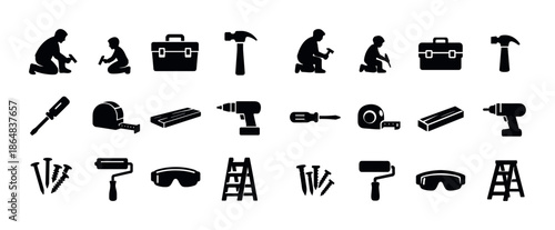 Silhouette icons of tools and people working on carpentry and construction projects