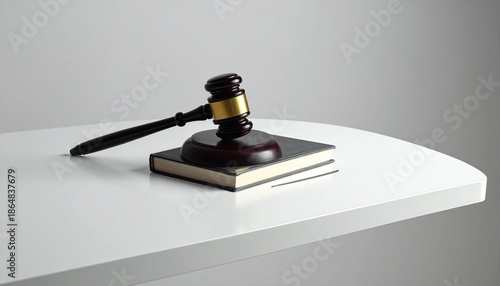 Wooden Gavel Resting on a Closed Book on a White Surface with Gray Background Studio Shot