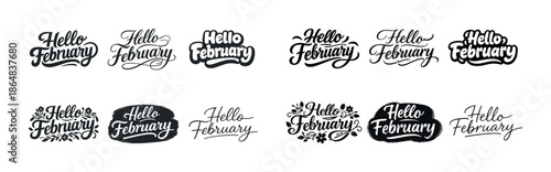 Hello february calligraphy designs set in black and white