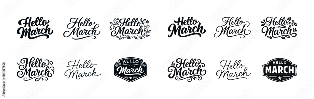 Fototapeta premium Hello march typography collection: creative black and white lettering designs