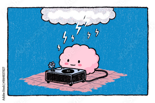 Cute Pink Blob DJing with Turntables Under a Stormy Sky