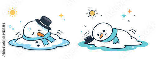 Cartoon snowmen melting under sun with hats and scarves
