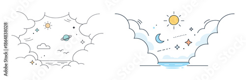 Day and night contrast: sun and moon with clouds and stars