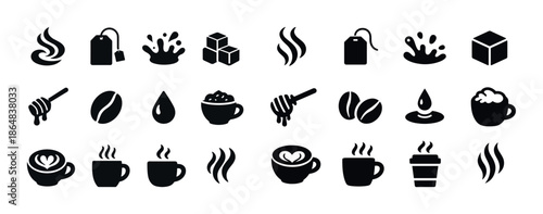 Coffee and tea icons collection: cups, beans, bags, steam, sugar, drops