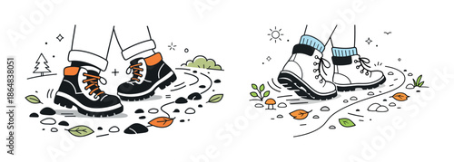 Outdoor adventure: stylish hiking boots on scenic trail illustration