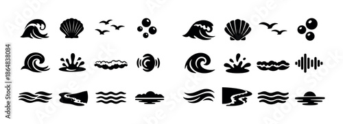 Black silhouette ocean icons set: waves, shells, birds, and sea elements