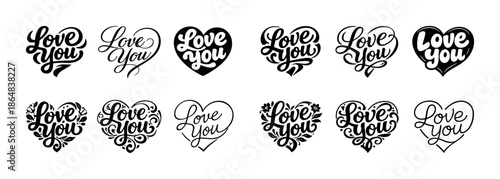 Love you typography collection with heart and floral designs