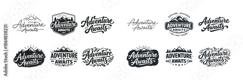 Adventure awaits logos collection with mountains and outdoor themes