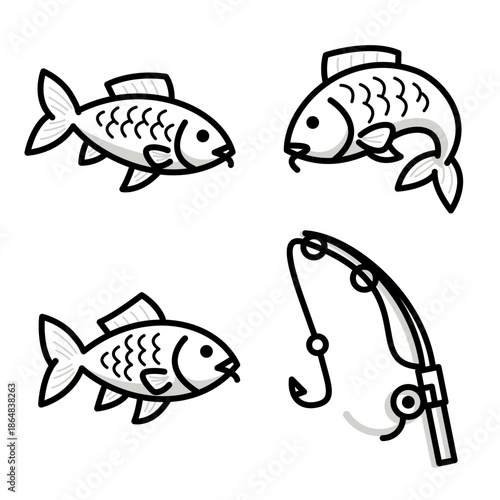 Carp fishing outline black gray icon set isolated on white background, Fish sign symbol collection