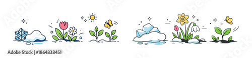 Evolution of seasons: snowflake to blooming flowers with sun and butterflies