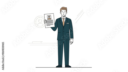 Professional man in business suit holding a resume with a white background and minimalistic design