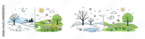 Charming seasonal landscape illustrations with spring and winter scenes