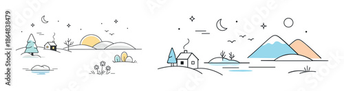 Minimalist winter and mountain landscape with houses and nature elements
