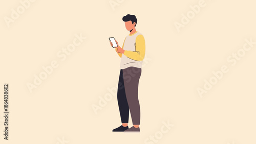 Young man using smartphone in casual attire standing alone with a neutral background