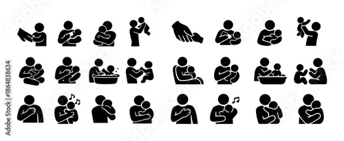 Pictogram series depicting parent-child bonding activities and care routines