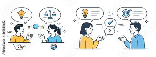 Two caucasian adults discussing ideas with speech bubbles depicting lightbulbs and scales