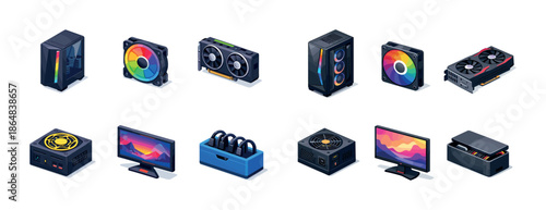 Modern computer hardware components: cases, gpus, fans, monitors, peripherals