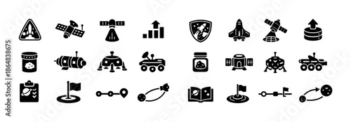 Space exploration icons: satellites, rovers, rockets, and asteroids