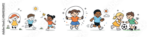 Happy children playing outdoors with jump ropes and soccer ball