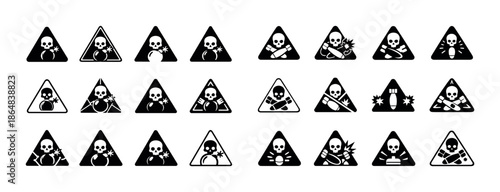 Various black and white icon set of danger symbols with skulls and bombs