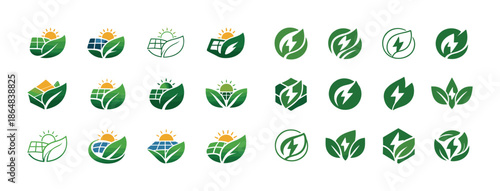 Green energy and sustainability icons featuring solar panels and leaves
