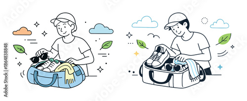 Young caucasian male packing luggage with clothes and accessories