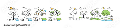 Seasonal tree transformation: winter to summer landscape illustration