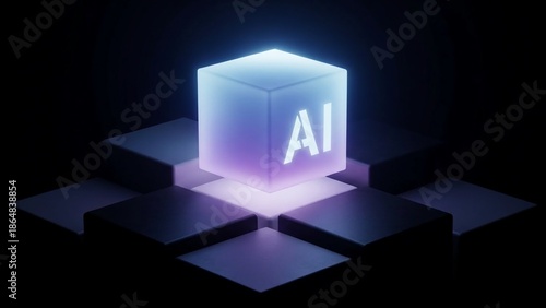 Glowing purple cube with ai letters on a dark background with futuristic technology and artificial intelligence concept with glowing cube