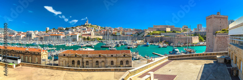 Fotografie City of Marseille harbor and Notre Dame de la Garde church on the hill panoramic