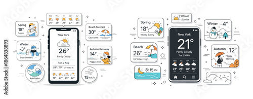 Smartphone weather app displaying forecasts and seasonal icons