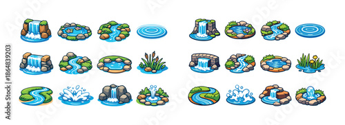 Collection of cartoon water features and decorative ponds