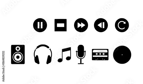 Music icon set vector with play, pause, and audio symbols