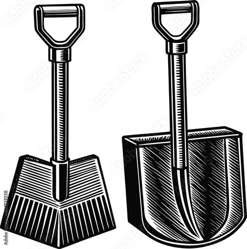 Two black and white shovels with handles and blades