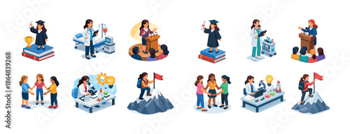 Diverse female achievements in education and science illustrated in isometric style
