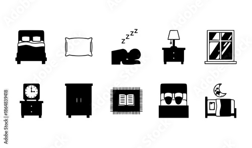 Simple bedroom and sleeping icon set vector with comfortable editable elements